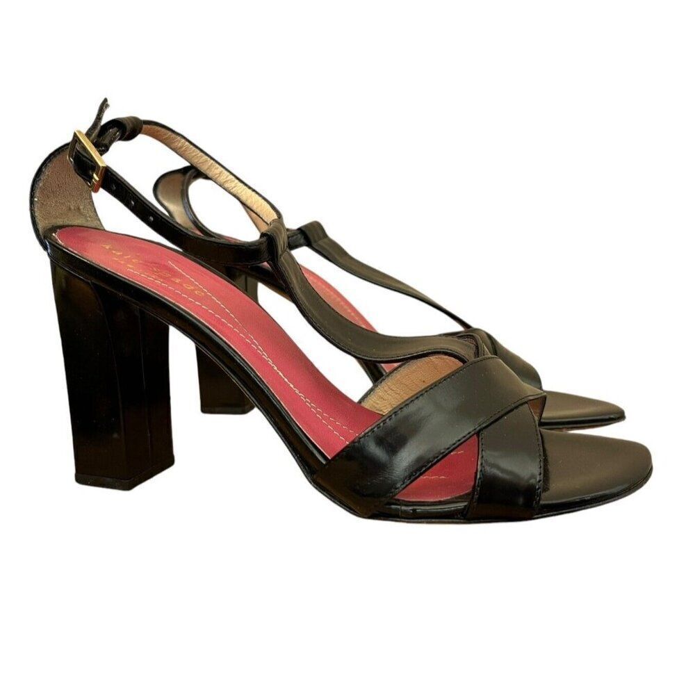 Kate Spade Size 6.5 Black Patent Leather Ankle Strap Heels Open Toe Italy